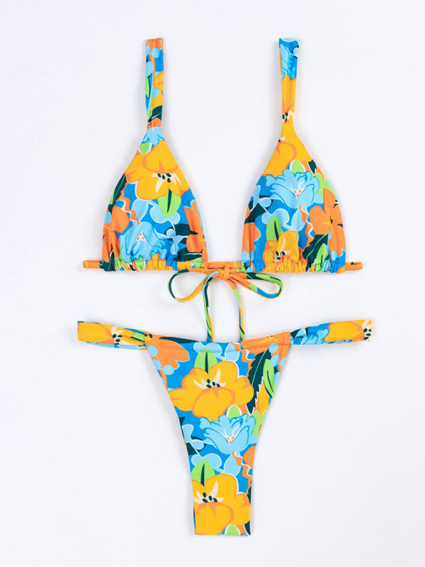 Sexy Vacation Strap Floral Print Split Bikini Swimsuit