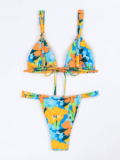 Sexy Vacation Strap Floral Print Split Bikini Swimsuit