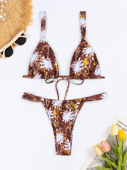 Sexy Vacation Strap Floral Print Split Bikini Swimsuit