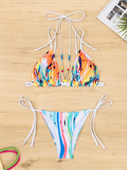 Beaded Drawstring Printed Split Triangle Bikini Swimsuit