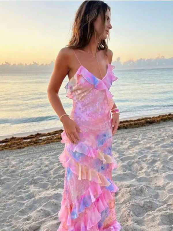 Floral Wavy Edge Skinny Halter Maxi Dress