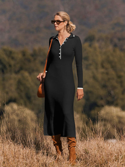 Knitted Slim Fit Hip-hugging Long-sleeve Maxi Dress