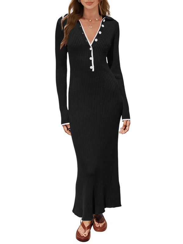 Knitted Slim Fit Hip-hugging Long-sleeve Maxi Dress