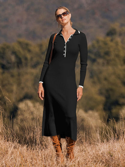 Knitted Slim Fit Hip-hugging Long-sleeve Maxi Dress