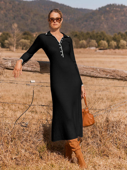 Knitted Slim Fit Hip-hugging Long-sleeve Maxi Dress