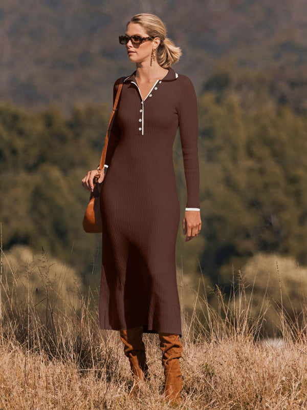 Knitted Slim Fit Hip-hugging Long-sleeve Maxi Dress