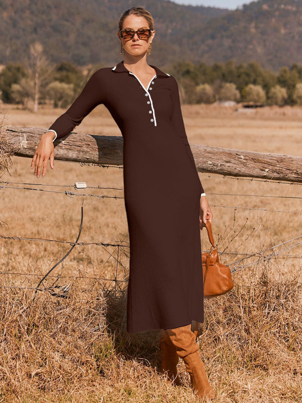 Knitted Slim Fit Hip-hugging Long-sleeve Maxi Dress