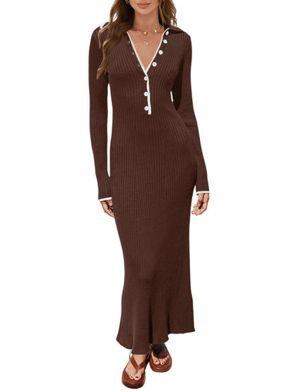 Knitted Slim Fit Hip-hugging Long-sleeve Maxi Dress