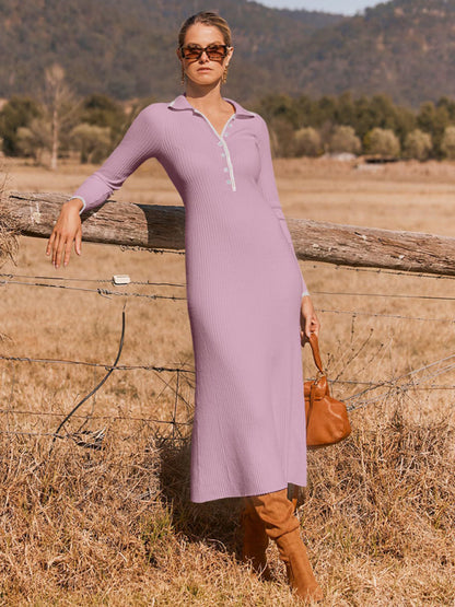 Knitted Slim Fit Hip-hugging Long-sleeve Maxi Dress