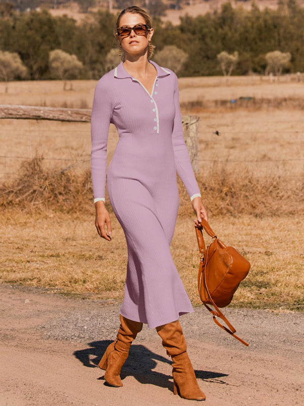 Knitted Slim Fit Hip-hugging Long-sleeve Maxi Dress