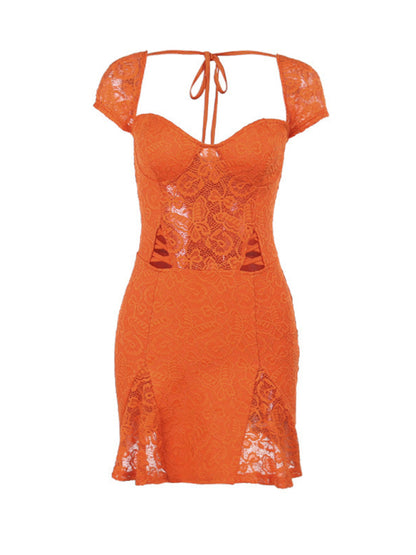 Orange Sexy Hot Girl Slim Lace Short Sleeve Party Dress