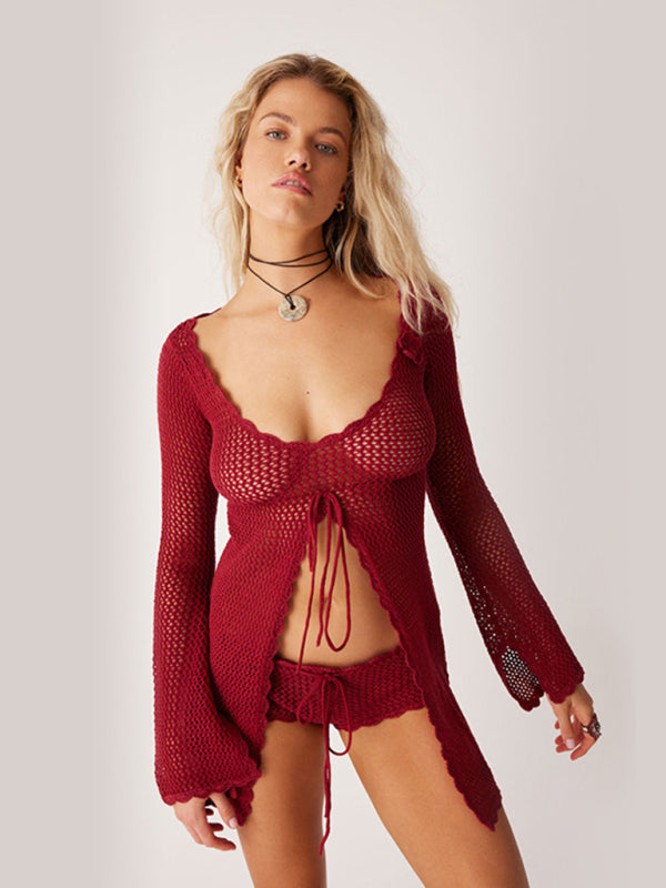 Solid Color Sexy Knitted Hollow Lace Bikini Swimsuit with Cover-up