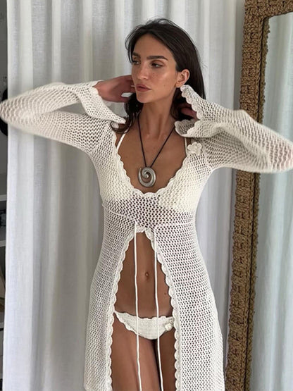 Solid Color Sexy Knitted Hollow Lace Bikini Swimsuit with Cover-up