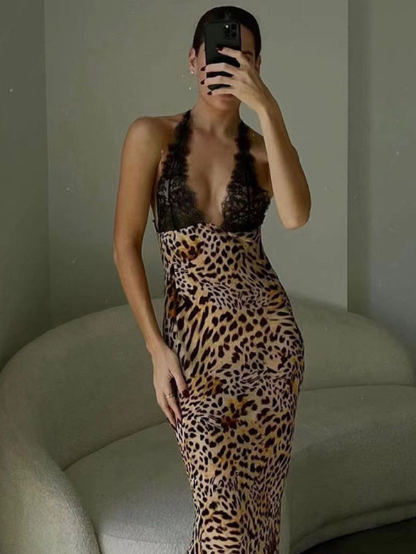 Lace Halter Style Sexy Backless Slim Fit Printed Party Dress