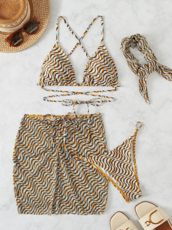 Wave Pattern Printed Beach Swimsuit Bikini Three-piece Set