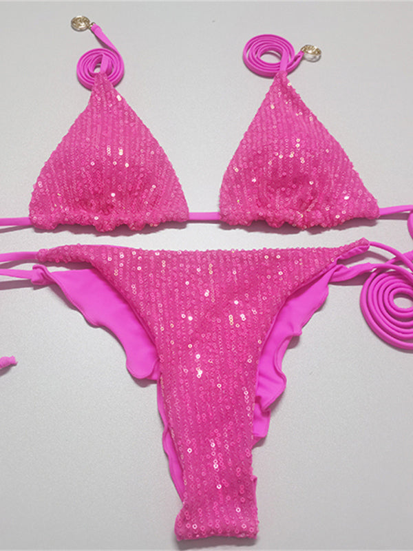 Sequined Triangle Strap Solid-color Bikini Swimsuit