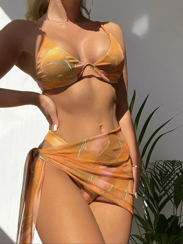 Marble Tie-dye Three-piece Bikini Set