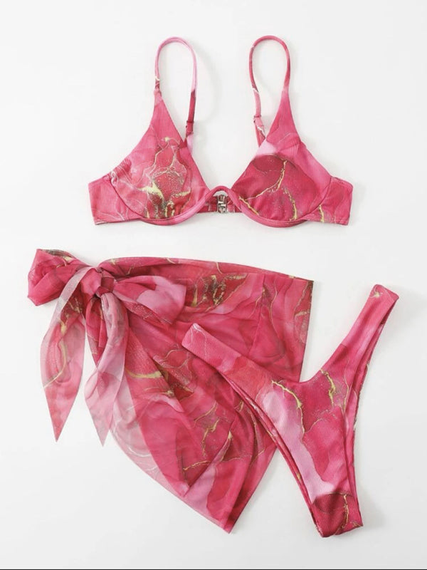 Marble Tie-dye Three-piece Bikini Set