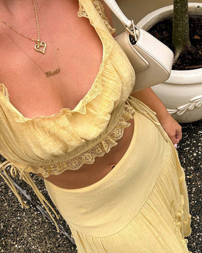 Solid Color Fashion Lace-up Top & Long Skirt Set