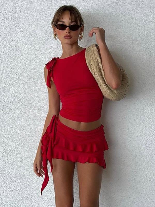 Ruffled Comfortable Solid Color Mini Skirt Set