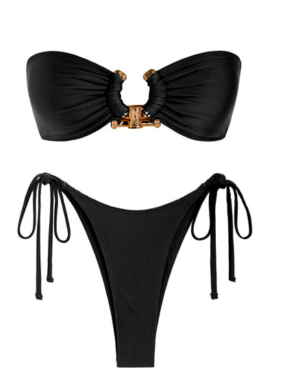 Shiny Fabric U-ring String Bikini Swimsuit