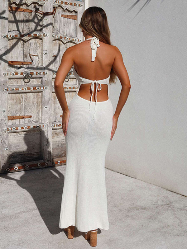 Halterneck Knitted Hollow See-through Low-cut Backless Maxi Dress