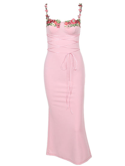 Floral Embroidered Halter Sweetheart Neck Maxi Party Dress