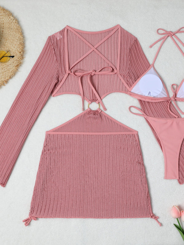 Mesh Hollow Drawstring Bikini Three-piece Set