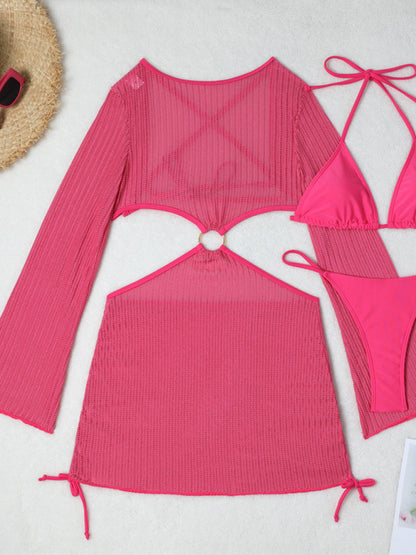 Mesh Hollow Drawstring Bikini Three-piece Set