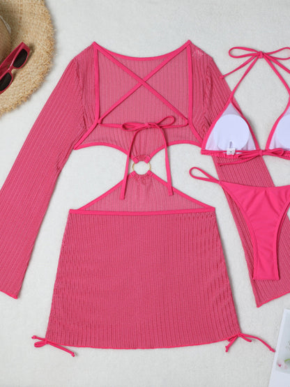 Mesh Hollow Drawstring Bikini Three-piece Set