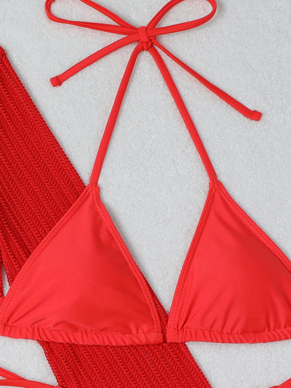 Mesh Hollow Drawstring Bikini Three-piece Set