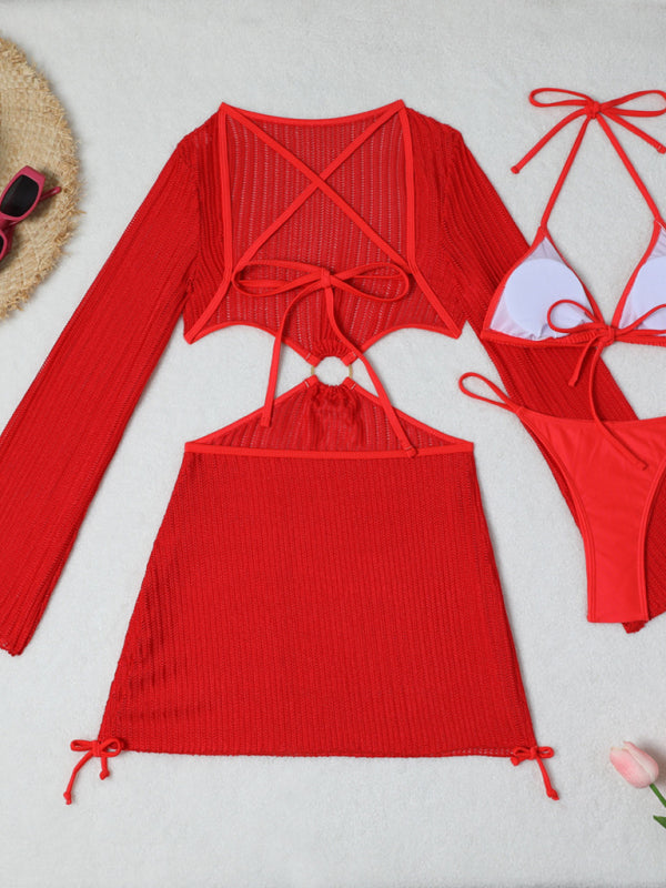 Mesh Hollow Drawstring Bikini Three-piece Set