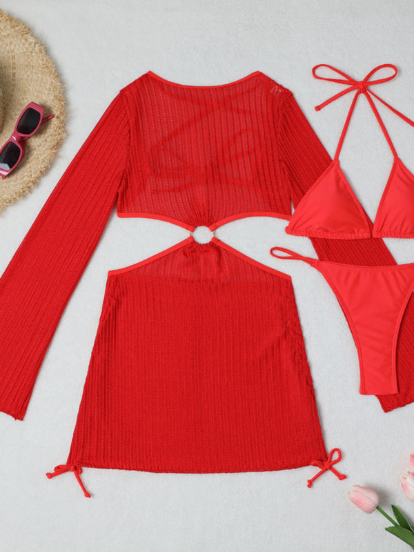 Mesh Hollow Drawstring Bikini Three-piece Set