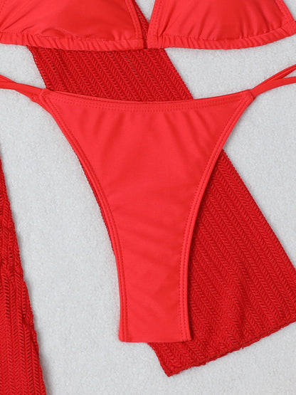 Mesh Hollow Drawstring Bikini Three-piece Set