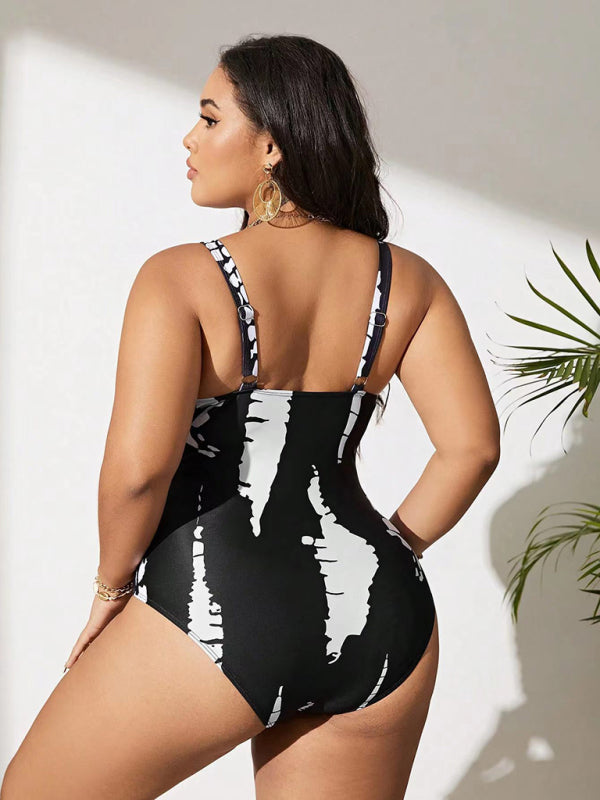 Plus Size Black and White One-piece Slim Bikini Swimsuit