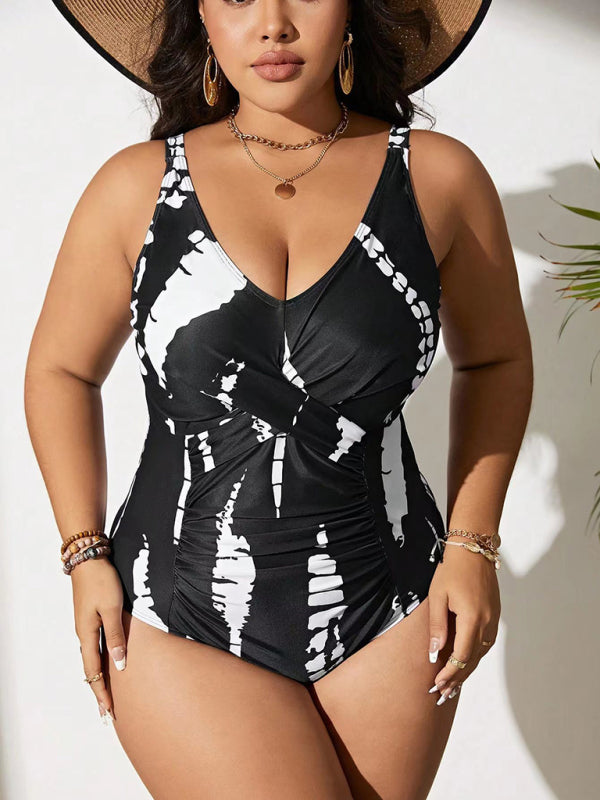 Plus Size Black and White One-piece Slim Bikini Swimsuit