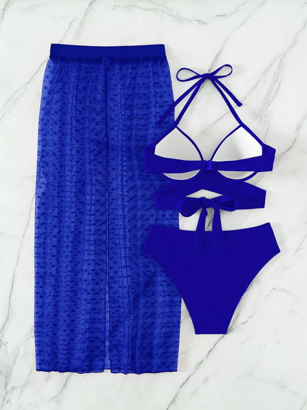 Solid Color Sexy Mesh Skirt Three-piece Bikini Set