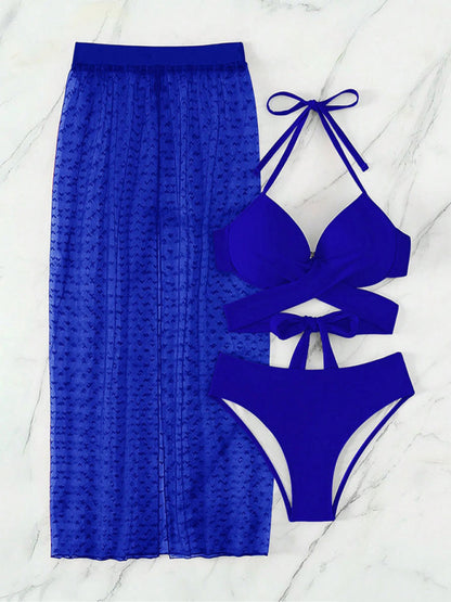 Solid Color Sexy Mesh Skirt Three-piece Bikini Set