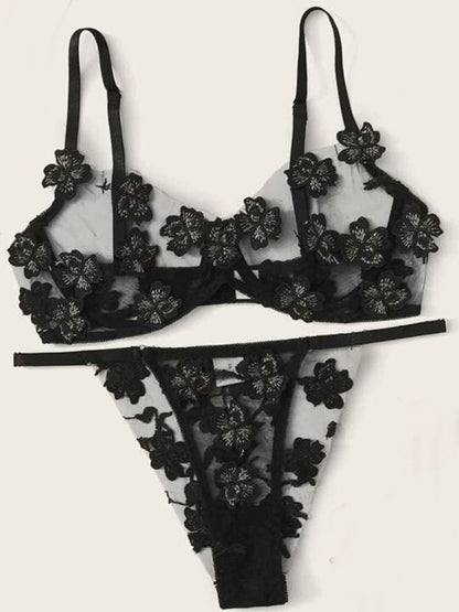 Sexy and Sweet Mesh Embroidered Flower Appliqué Bra Lingerie Set