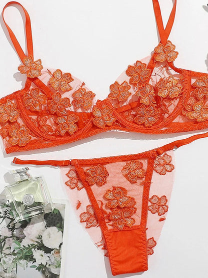 Sexy and Sweet Mesh Embroidered Flower Appliqué Bra Lingerie Set