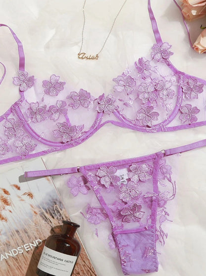 Sexy and Sweet Mesh Embroidered Flower Appliqué Bra Lingerie Set