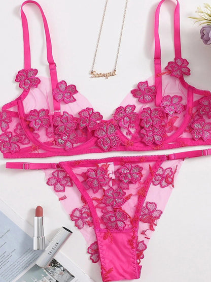 Sexy and Sweet Mesh Embroidered Flower Appliqué Bra Lingerie Set