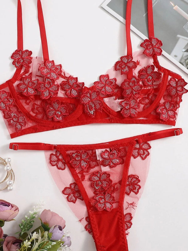 Sexy and Sweet Mesh Embroidered Flower Appliqué Bra Lingerie Set