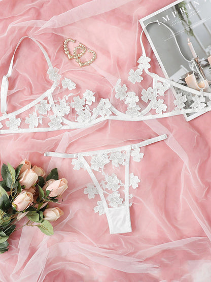 Sexy and Sweet Mesh Embroidered Flower Appliqué Bra Lingerie Set