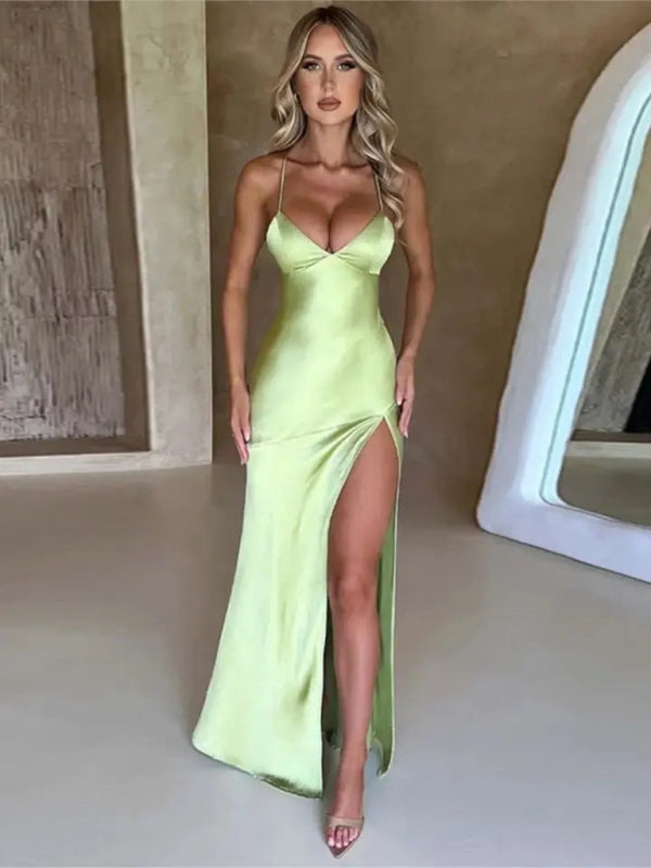 Halter V-neck Satin Slit Backless Maxi Dress