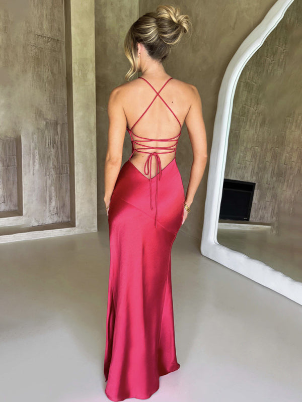 Halter V-neck Satin Slit Backless Maxi Dress