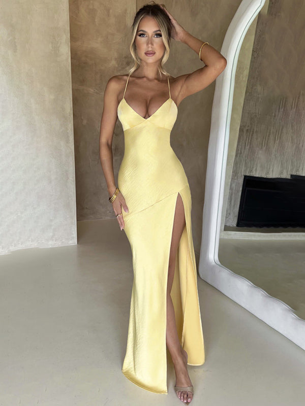 Halter V-neck Satin Slit Backless Maxi Dress