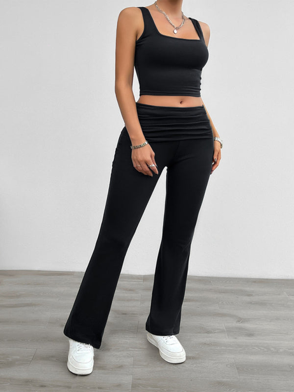 Casual Stretch Crop Tank Top & Fashion Pleated Pants