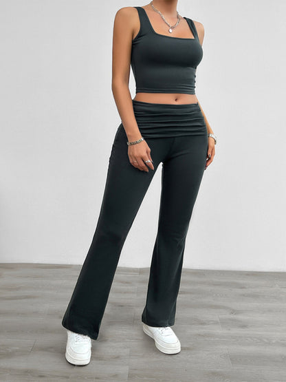 Casual Stretch Crop Tank Top & Fashion Pleated Pants