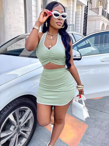 Solid Color V-neck Halter Neck Casual Top & Mini Skirt Set